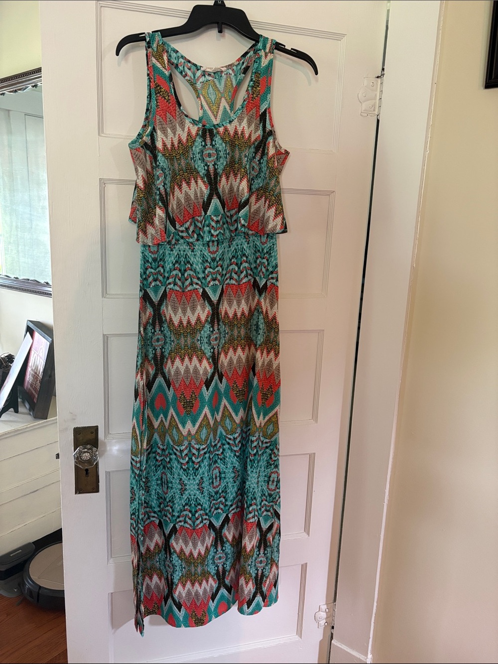 Altra Teal, Coral and Brown Patterned Racerback Maxi Dress